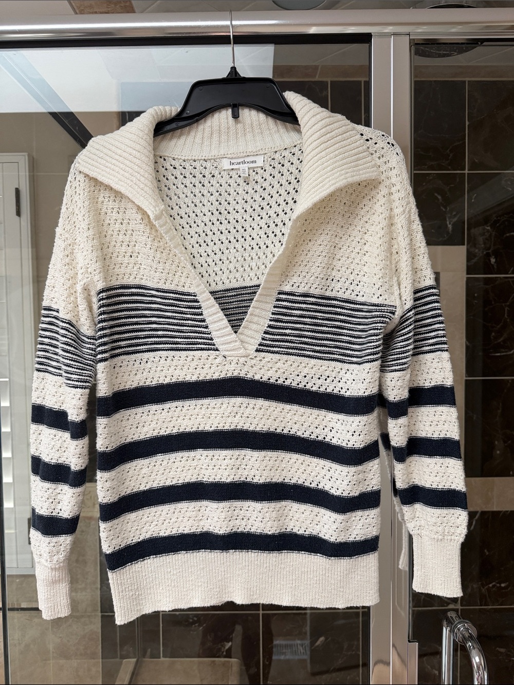 Heartloom Cream & Navy Striped Open-Knit V-Neck Sweater